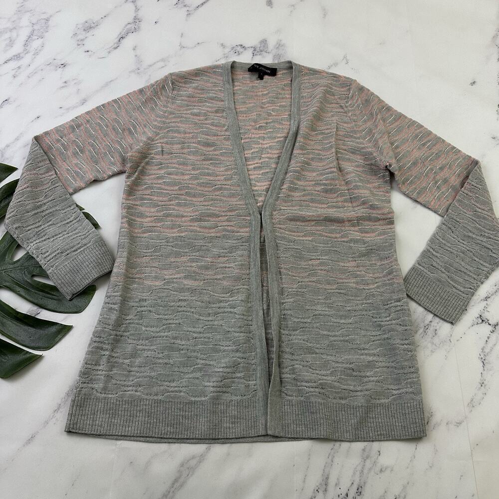 St John Womens Cardigan Sweater Size S Gray Pink Ombre Wool Blend Open